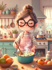 Happy Girl Cooking Homemade Soup in Cozy Kitchen