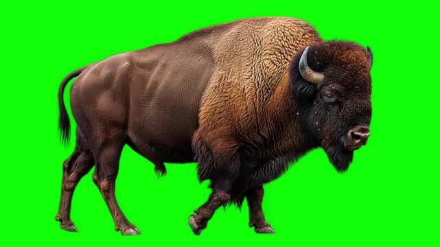 American bison walking on green screen background, massive buffalo mammal movement for chroma keying