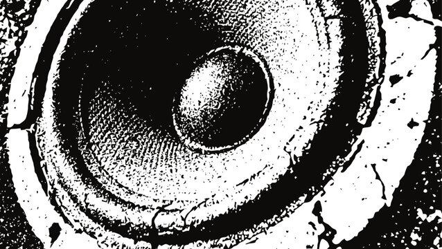 Vintage loudspeaker cone close up in black and white with textured wear and tear details