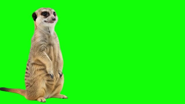Meerkat Standing and Looking Around on Green Screen Background, Isolated African Wild Mammal 4K Video