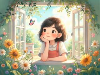 Cute Little Girl Daydreaming by Sunny Spring Window with Flowers