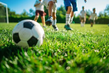 Obraz premium close up of children in a soccer practice, kicking balls on a green field with bright, sunny weather 