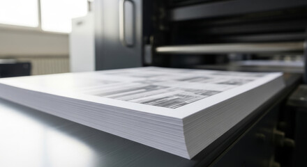 Close-up View of Freshly Printed Black and White Documents Stacked Neatly on a Printing Press