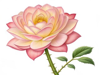 Obraz premium A beautifully rendered illustration of a delicate pink and yellow rose in full bloom with a thorny stem
