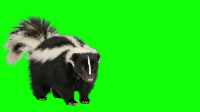 Striped Skunk Walking and Sniffing on Green Screen Background, Isolated North American Wild Mammal 4K