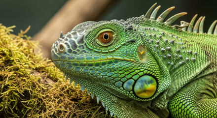 Fototapeta premium Vibrant Green Iguana Basking on a Moss-covered Branch, Showcasing Its Detailed Scales and Bright Eye Colors