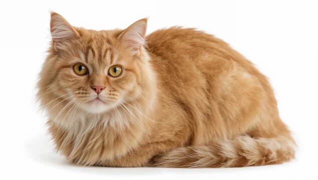 Laperm cat with soft curly ginger fur and wide golden eyes sitting curiously on white background