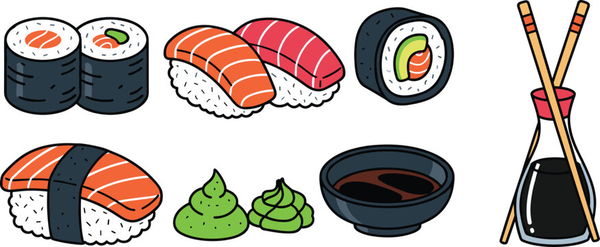 Assorted sushi rolls, nigiri, maki and dipping sauce with soy sauce bottle
