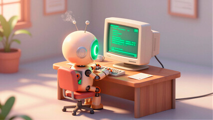 Cute Retro Robot Working at Vintage Computer Desk in Cozy Office