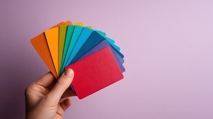 High quality image of person's hand holding a fan of multi-colored cards against a plain light purple background.