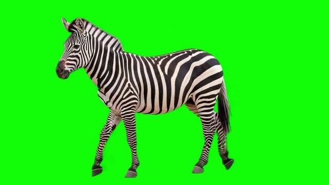 Zebra walking on green screen background, wild horse mammal animal movement for chroma key animation
