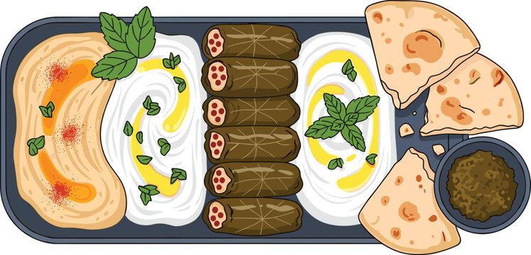 Middle eastern meze platter with hummus dolmas mint yogurt and pita bread