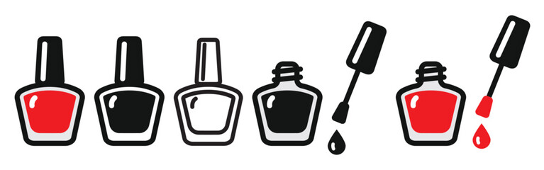 Obraz premium Bottle of nail polish with brush icon set in linear and flat style. Beauty cosmetic symbol isolated on transparent background, editable stroke vector for manicure and salon design.