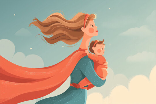 Super Mom Holding Baby Cartoon Greeting Card Illustration