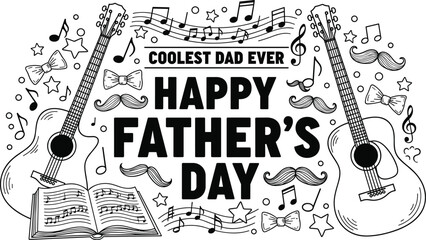 Coolest dad ever happy father day greeting with acoustic guitars and musical notes, mustache and bow tie, cad drawing flat vector illustration © Hello Wolrd