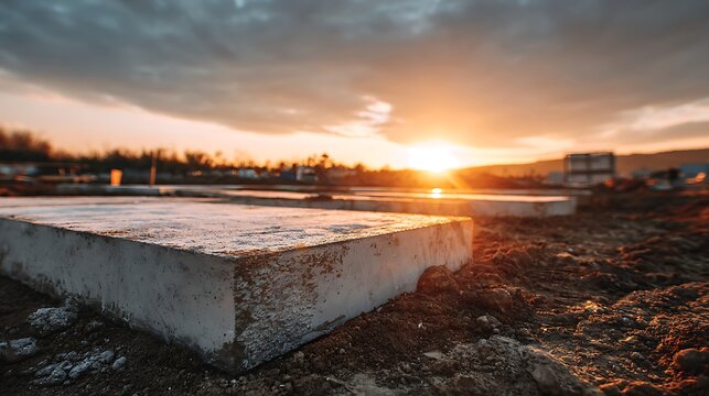 High quality image of concrete foundation slabs at construction site under a dramatic sunset sky, urban development concept.