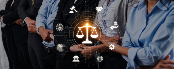 A group of business professionals stands united, surrounded by symbols of law and justice, showcasing collaboration and the importance of ethics in society. Trope © InfiniteFlow
