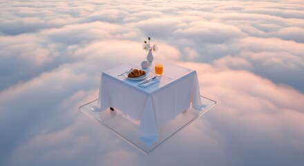 Surreal table setting above clouds, elegant dining in the sky at sunrise