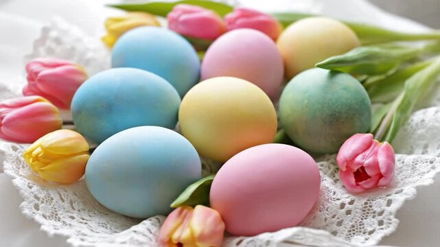 Colorful Easter Eggs and Tulips on White Lace.