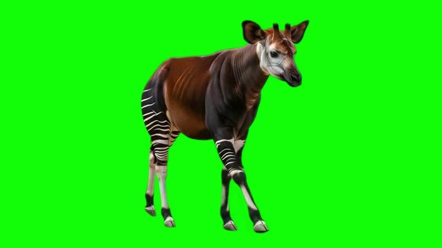 Okapi walking on green screen background for chroma key, rare African mammal wildlife animal video