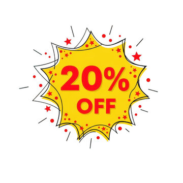 Vibrant yellow 20 percent off discount badge isolated on transparent background