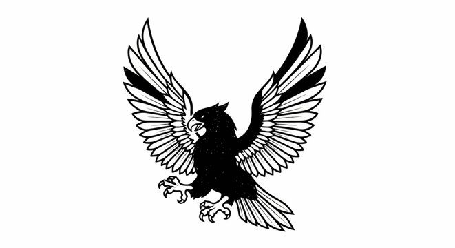 A black ink illustration of a bird of prey with outstretched wings