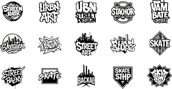 Collection of diverse black and white graffiti-style logos featuring urban scenes and bold typography
