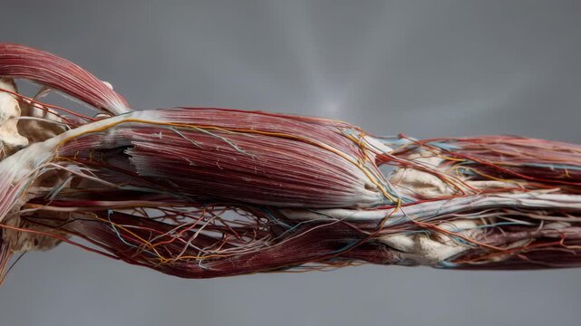 Detailed anatomical view of human arm muscles, nerves, and blood vessels