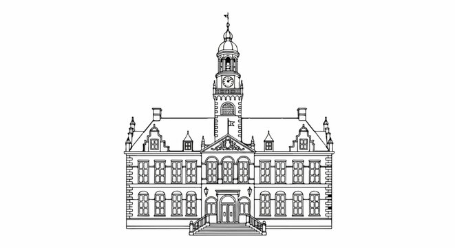 Ornate facade of a historic building with a prominent clock tower, detailed windows, and a grand entrance
