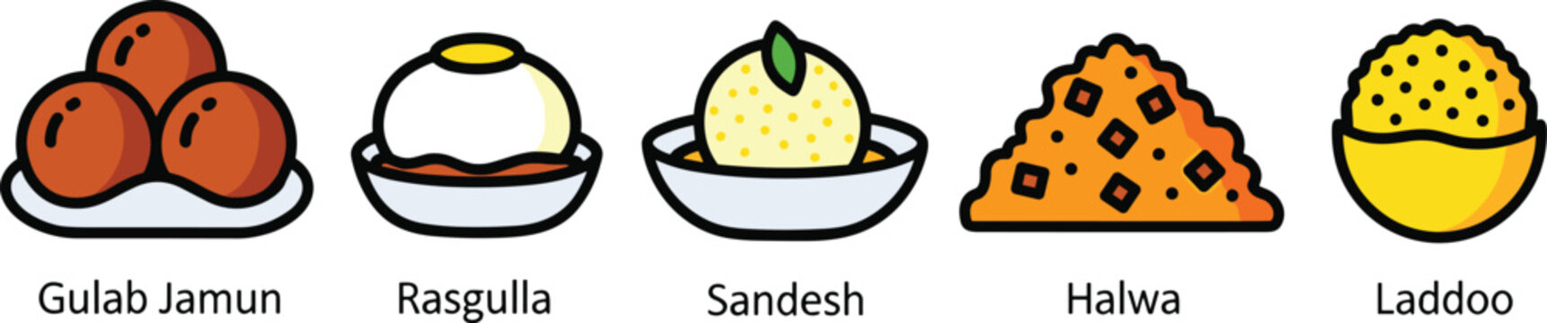 A collection of popular indian sweets including gulab jamun, rasgulla, sandesh, halwa, and laddoo