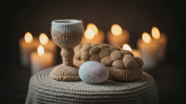 Knitted chalice, egg, and braided bread on a knit surface with flickering candle lights for Easter or celebration.