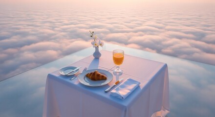 Romantic dinner table above clouds, sunset ambiance, fine dining