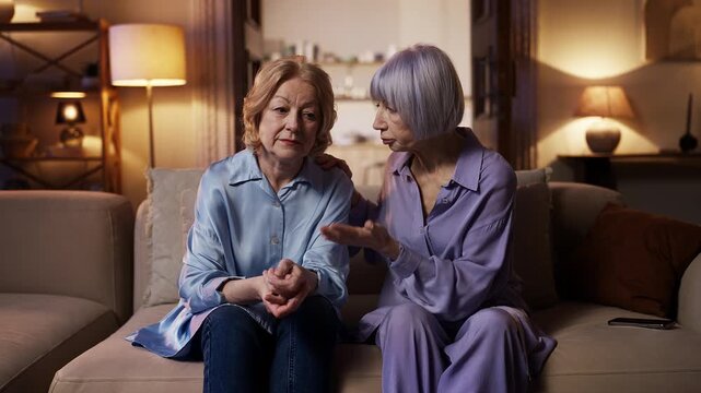 Senior woman comforting unhappy female friend, trustful relationship, support