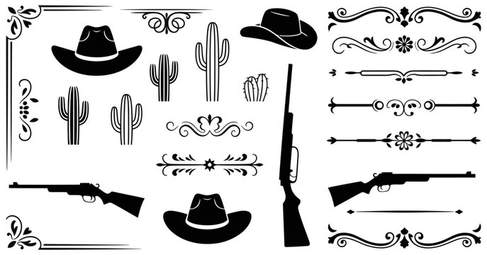 old western design elements collection, vintage embellishment ornaments, decorative borders and divider lines, engraved cowboy style ornaments, rustic frontier themed vector graphics set.