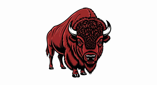 Fierce red bison illustration with sharp horns and shaggy mane, front view
