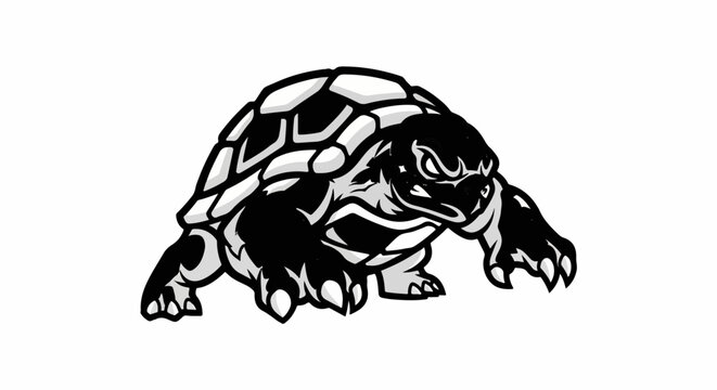 Aggressive, stylized turtle in black and white, low to the ground