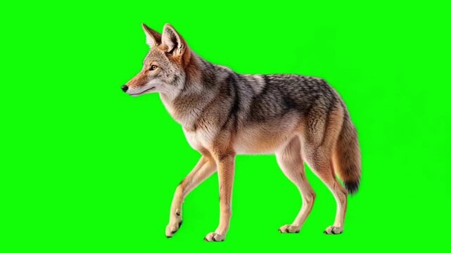 Wild Coyote Walking and Looking Around on Green Screen Background, Realistic 3D Animal Life Animation