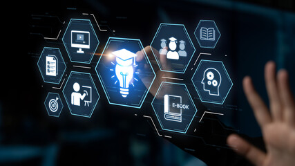 Education technology digital learning, training systems, and knowledge development. Futuristic...