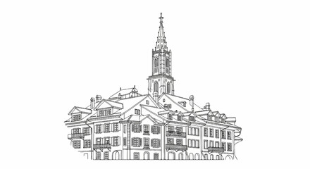 Stylized ink drawing of a European town square with a tall spire