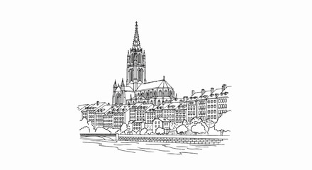 Naklejka premium Detailed line drawing of historic buildings with a spire, lining a river