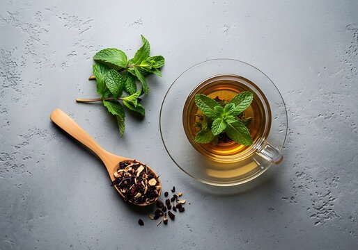 Cup of herbal tea with mint and spoon