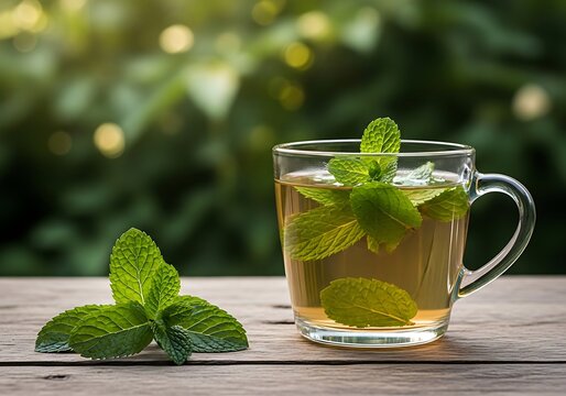 Refreshing mint tea in a glass on wooden table