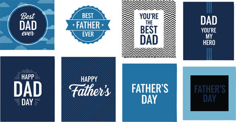 Happy Father's Day square greeting cards set with best dad ever and my hero typography quotes, cad drawing flat vector illustration © Hello Wolrd