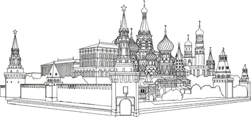 Fototapeta premium Line drawing of a grand architectural complex with onion domes and spires
