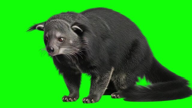 Binturong Bearcat Animal Sitting on Green Screen Background, Realistic 3D Wildlife Creature Animation
