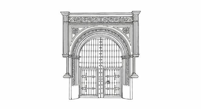 Ornate, arched, double doors with decorative metalwork and pilasters