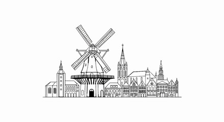 Obraz premium Line art depiction of a European town skyline featuring a large windmill and various historic buildings