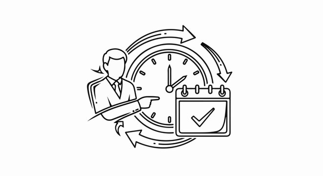 Businessman points to clock and calendar with checkmark, encircled by arrows