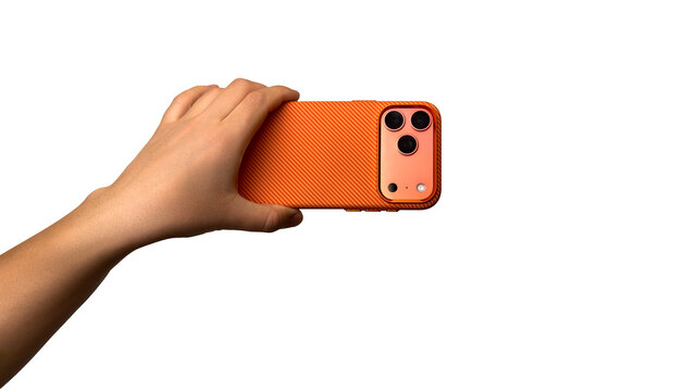 The hand holds a smartphone, back view. Hand holding a modern orange mobile phone with a triple camera module, rear view. Transparent background, PNG