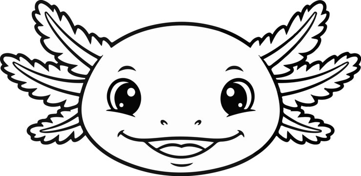 A charming, wide-eyed axolotl face with feathery gills and a big smile